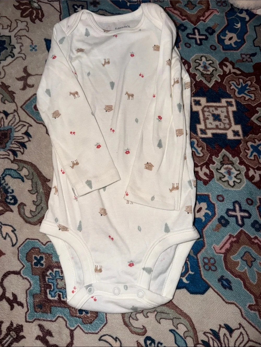 Carter's White Long-Sleeve Baby One-Piece with Woodland Motifs